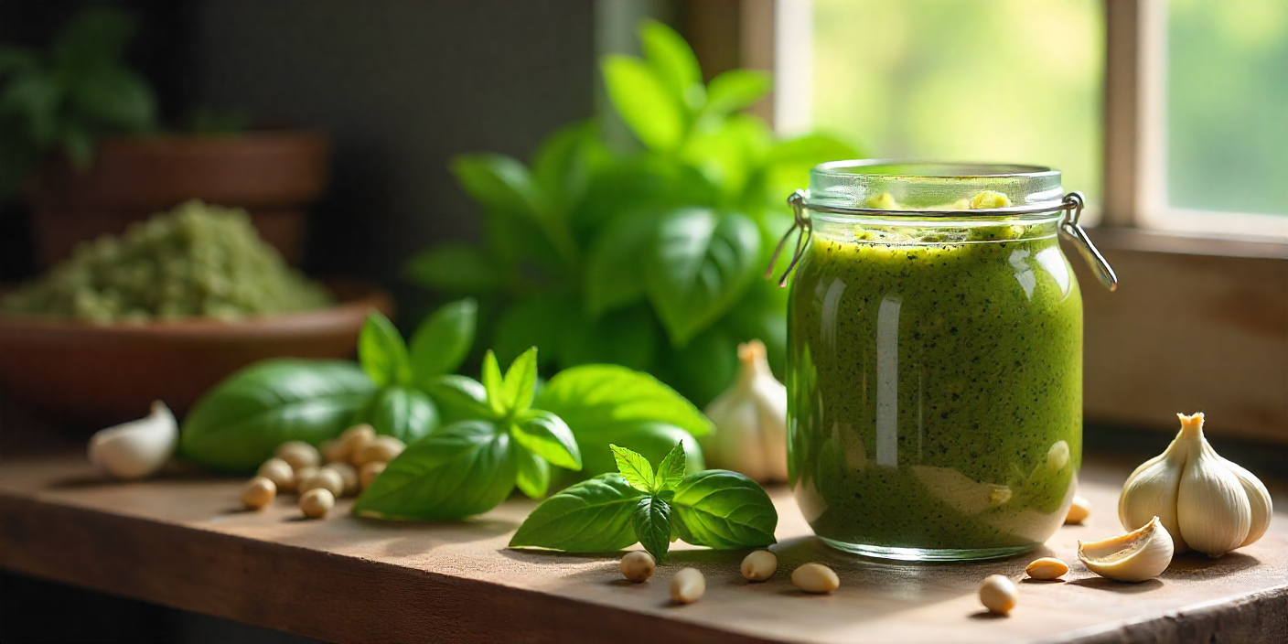 Il Pesto Genovese: Storia, Tradizione e Segreti della Salsa Verde più Amata d'Italia 6 Barattolo di pesto genovese con ingredienti freschi